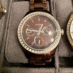 Brown fossil watch with crystals around face